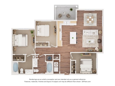 A 3D floor plan of a house with a kitchen, living room, and bathrooms.